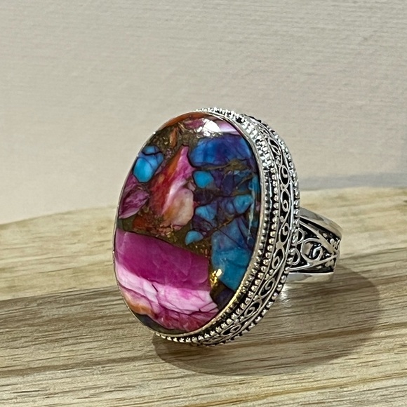 Artisan Jewelry - PINK DAHLIA TURQUOISE 925 SILVER OVERLAY GEMSTONE RING SIZE 10